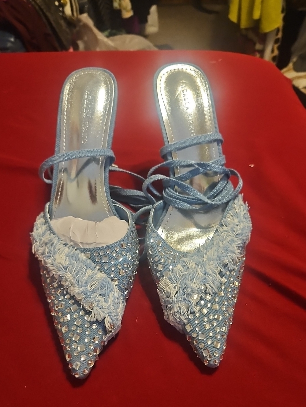 Light Blue Embellished Pointed-Toe Lace-Up Mules - Picture 1 of 4